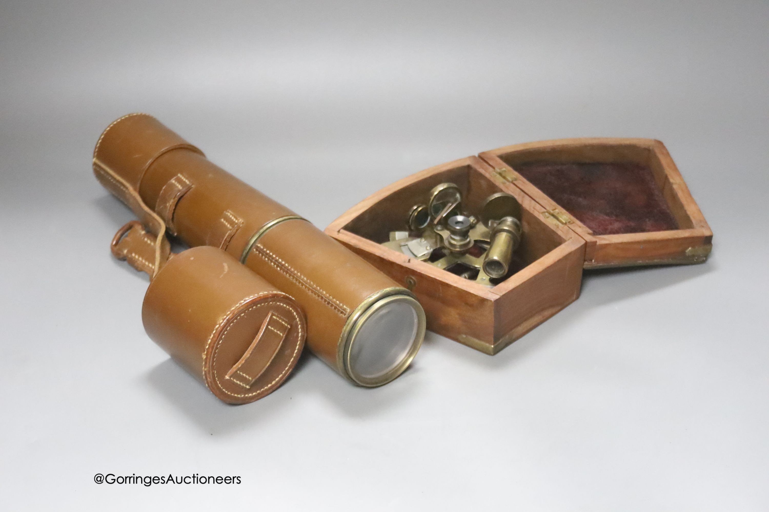 A Stanley sextant, 1884 and a Broadhurst Clarkson & Co. three-draw spotting telescope with calf grip and case